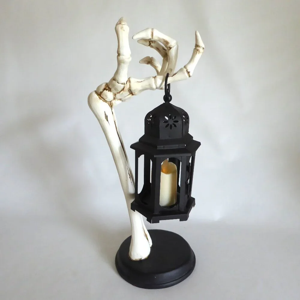 NEW 16” GOTHIC HALLOWEEN SKELETON ARM HOLDING METAL LANTERN CANDLE SCULPTURE - Picture 2 of 14